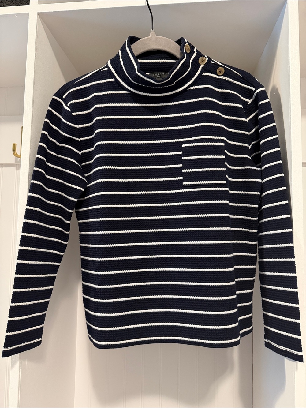 Striped Navy & White Button-Shoulder Knit Top